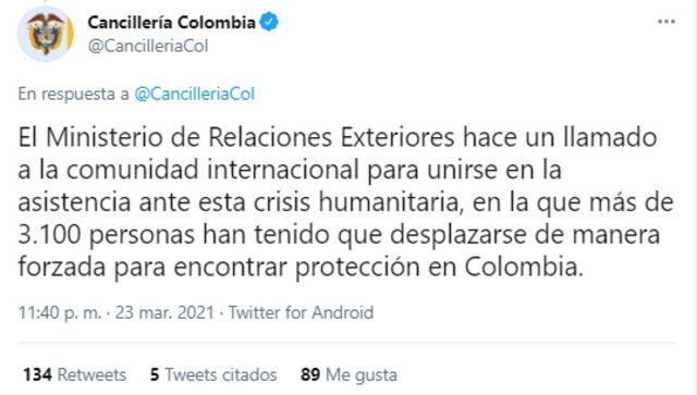 La Cancillería de Colombia se expresó sobre la situación en la frontera. Foto: captura de Twitter