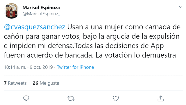 Marisol Espinoza se pronunció por Twitter para rechazar su expulsión de APP.
