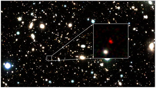  La galaxia, llamada GN-z11, fue recientemente descubierta, es brillante y se ubica a 13.400 millones de años luz de la Tierra. Foto: Alma Telescope   