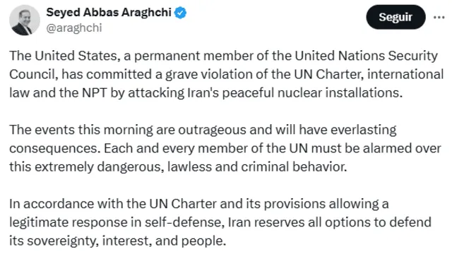 Mensaje del canciller iraní tras los ataques estadounidenses. Foto: Araghchi/X   