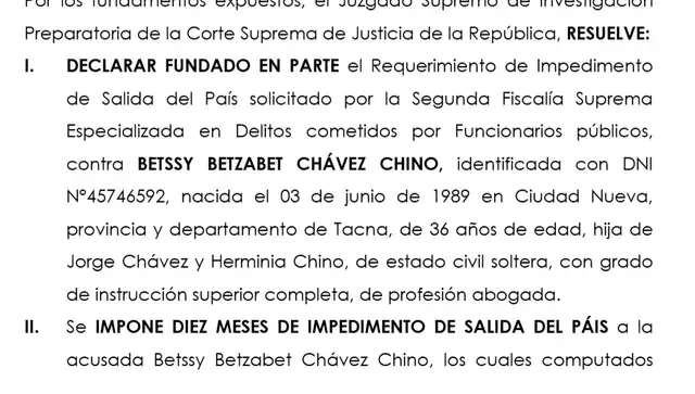 Poder Judicial dicta 10 meses de impedimento de salida del Perú contra Betssy Chávez.