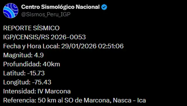  Temblor en Ica. Foto: IGP   
