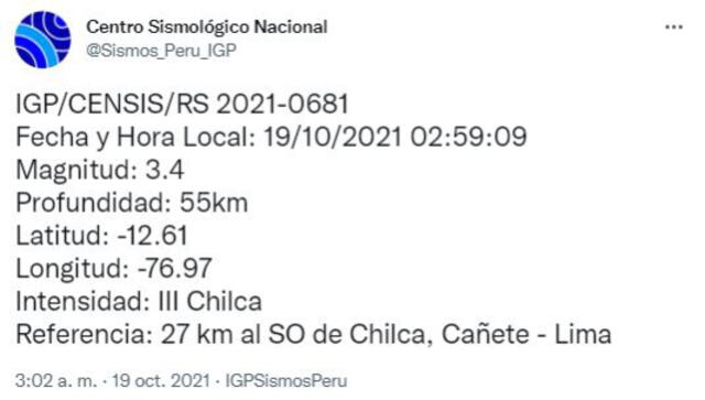 Datos del sismo en Lima. Foto: Twitter