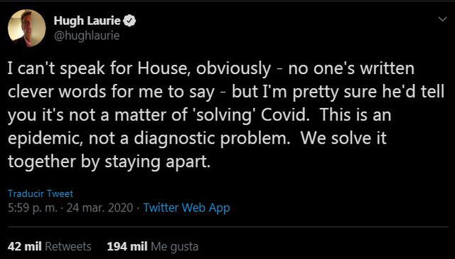 Hugh Laurie y su mensaje sobre el coronavirus y el accionar del Dr. House - Fuente: difusión
