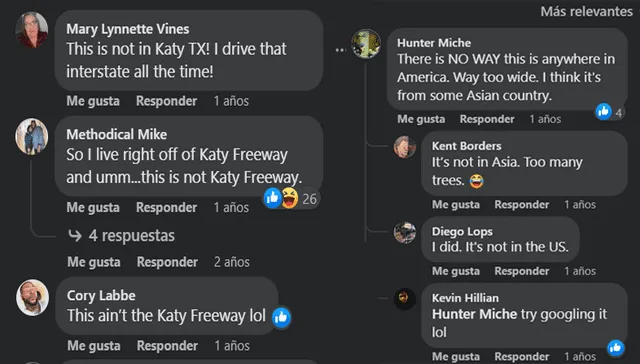 Comentarios de publicaciones en Facebook que aseguran que la foto viral no se trata de la 'Katy Freeway'