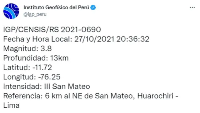 IGP reportó el sismo a través de sus canales oficiales. Foto: captura de pantalla