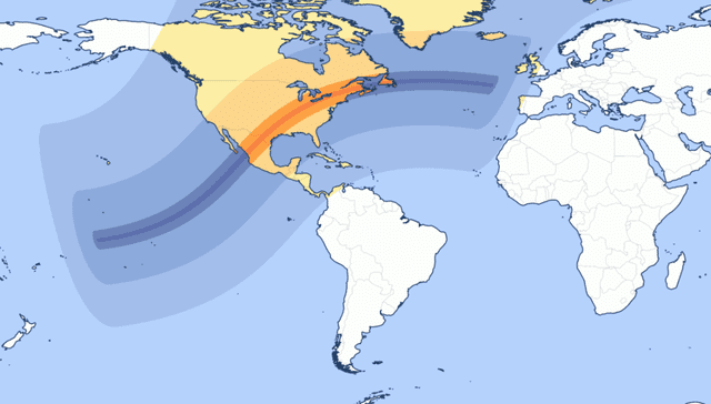  La parte ensombrecida de la imagen es la ubicación de lugares donde se verá el eclipse solar. Foto: Time and Date  