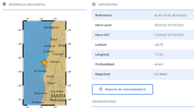 Epicentro del sismo en Chile. Foto: CSN   
