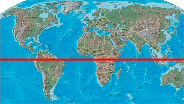  La línea ecuatorial es señalada con una franja roja en esta imagen. Foto: Enciclopedia Británica   
