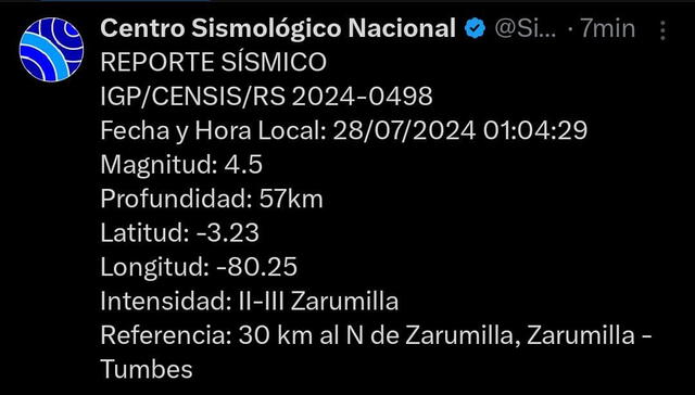 Temblor en Tumbes de magnitud 4,5.   