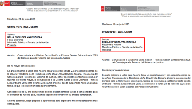 Oficios enviados a la fiscal de la Nación, Delia Espinoza.