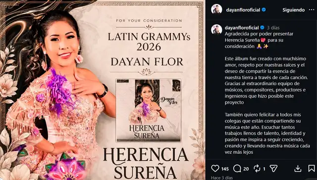 Dayan Flor postula a los Latin Grammy 2026.