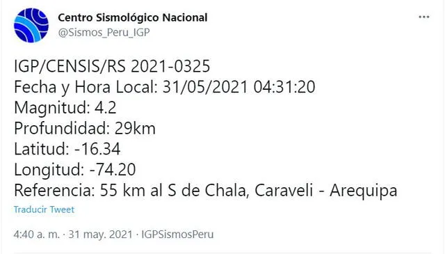 Datos del temblor en Arequipa. Foto: captura Twitter