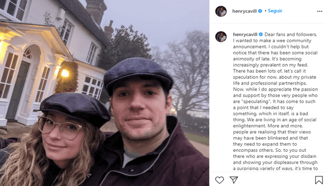 Henry Cavill publicó su mensaje en redes sociales. Foto: captura de Instagram.