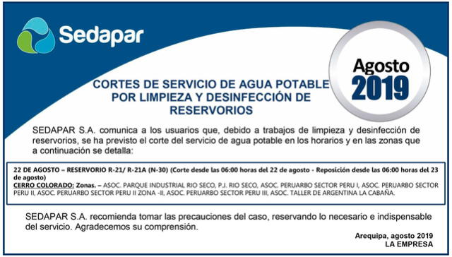 Diversos sectores de Arequipa se quedarán sin agua la próxima semana