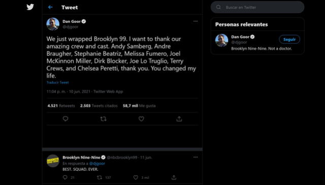 Dan Goor anuncia final del rodaje de Brooklyn Nine-Nine. Foto: Twitter/@djgoor