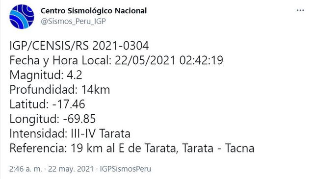 Datos del temblor en Tacna. Foto: captura Twitter