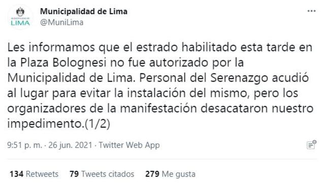 Tuit de la Municipalidad de Lima. Foto: Twitter @MuniLima