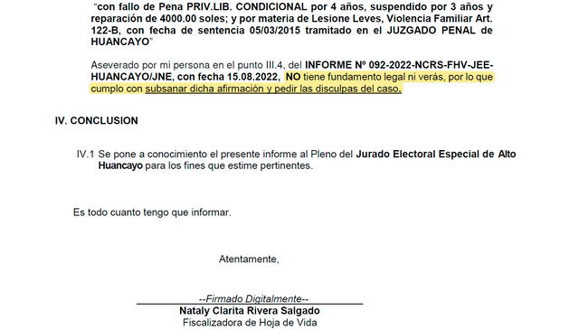 INFORME Nº 099-2022-NCRS-FHV-JEE-HUANCAYO/JNE. Foto: PerúCheck