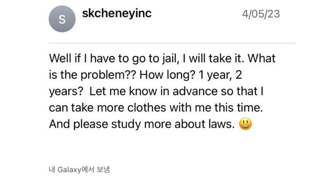 Correo electrónico de Seok Kyun Kim: "si tengo que ir a la cárcel, lo aceptaré. ¿Cuál es el problema? ¿Cuánto tiempo? ¿Un año, dos años?". Foto: Bibiana Libaque    