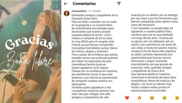  Comunicado de Ana Claudia Urbina sobre la Orquesta Zona Libre. Foto: Ana Claudia Urbina/Instagram<br><br>    