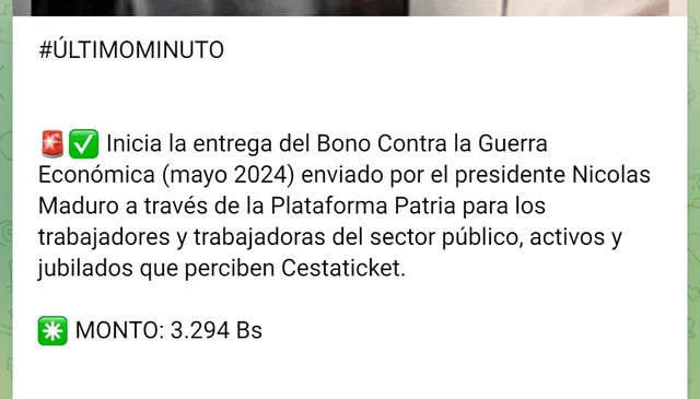 El mes pasado, el Bono de Guerra para los trabajadores se depositó el 14 de mayo. Foto: Canal Patria Digital/Telegram