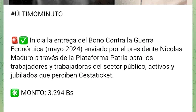 El mes pasado, el primer pago del Bono de Guerra llegó el 14 de mayo. Foto: Canal Patria Digital/Telegram