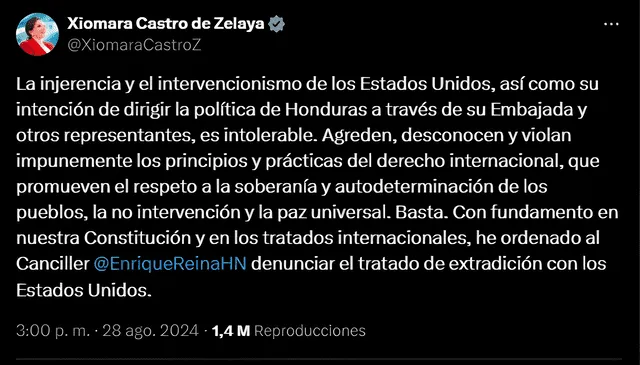 Comunicado de la presidenta de Honduras, Xiomara Castro, sobre la cancelación del tratado de extradición con Estados Unidos. Foto: captura de X/Xiomara Castro de Zelaya   