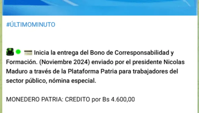 El último pago del Bono de Corresponsabilidad y Formación de este mes llegó el 28 de noviembre. Foto: Canal Patria Digital/ Telegram