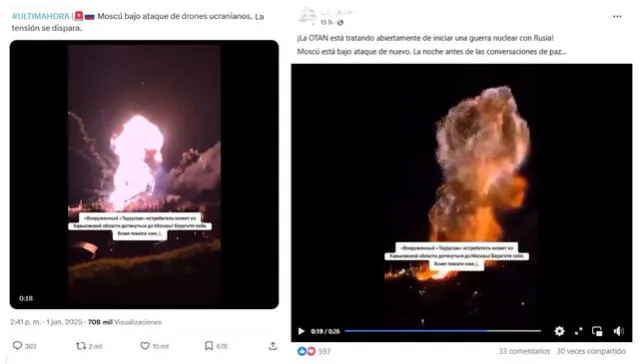 <em>Desinformación sobre el ataque del 1 de junio ejecutado por Ucrania a Rusia. Foto: captura de X / Facebook</em>   