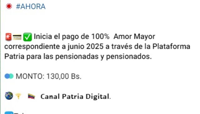 Anuncio del Bono Amor Mayor de junio 2025. Foto: Canal Patria Digital Anuncio del Bono Amor Mayor de junio 2025. Foto: Canal Patria Digital