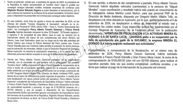  Extracto del documento fiscal donde se detalla el pago de 160.000 dólares de empresarios mineros a la red delictiva liderada por Santiváñez | Foto: LR.  