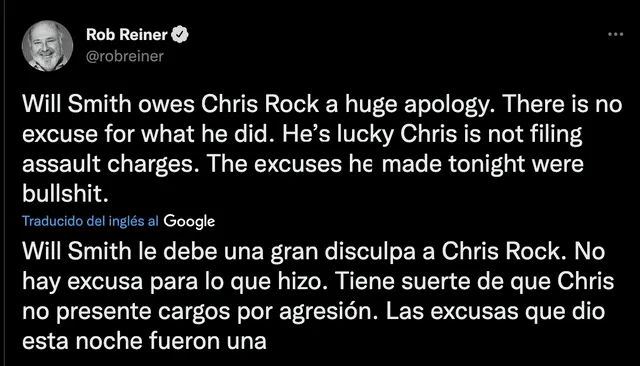 Rob Reiner, actor de "El lobo de Wall Street", reacciona al altercado entre Will Smith y Chris Rock. Foto: captura de Twitter
