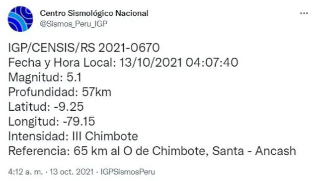 Datos del sismo en Áncash. Foto: Twitter