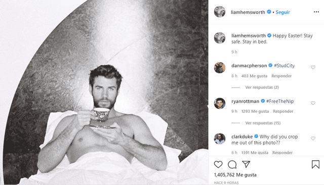 Liam Hemsworth desde su cama desea a sus fans Felices Pascuas.