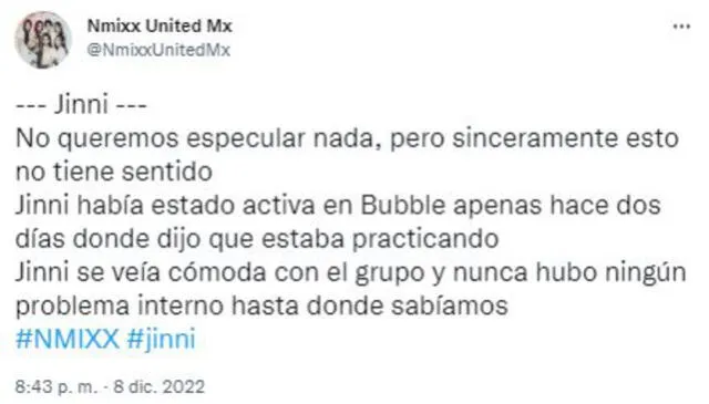 Dudas sobre la salida de Jinni, integrante de NMIXX. Foto: Twitter