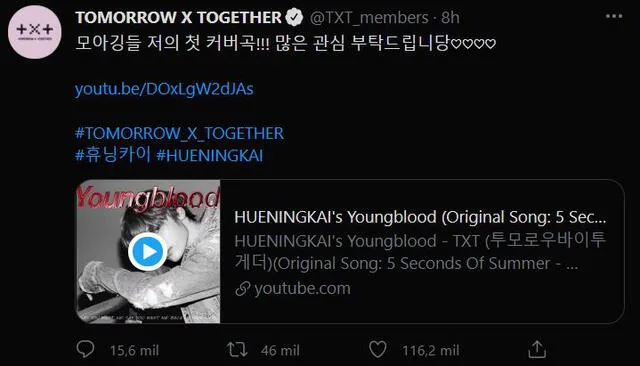 Post de TXT sobre Hueningkai. Foto: captura Twitter Post de TXT sobre Hueningkai. Foto: captura Twitter