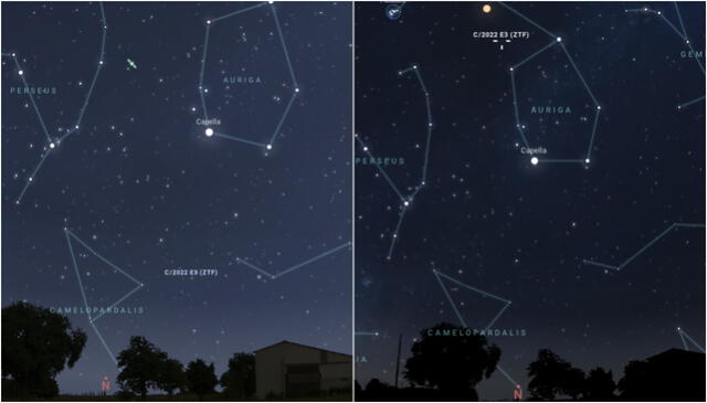  Ubicación del cometa verde el jueves 2 (izquierda) y el jueves 9 (derecha) a las 8.00 a. m. Foto: captura de Stellarium   