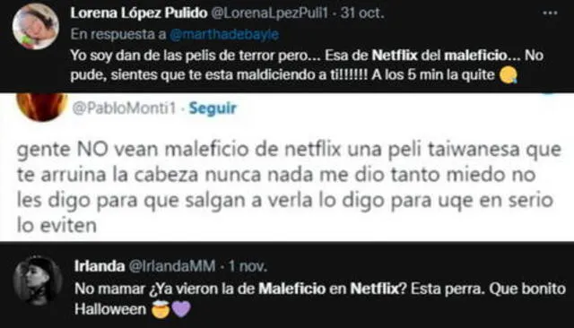 Reacciones de los usuarios tras ver "Maleficio" en Netflix. Foto: composición/Twitter 