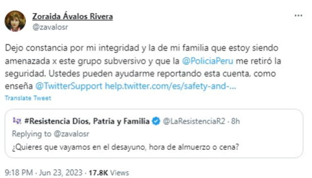  Zoraida Ávalos denunció mediante Twitter que viene recibiendo amenazas. Foto: Twitter/ Zavalosr   