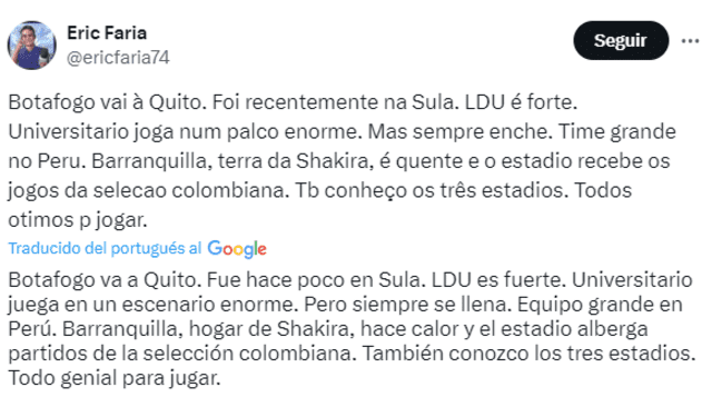 Publicación del comentarista de Globo sobre el grupo D de la Copa Libertadores. <strong>Foto: captura de X</strong>   