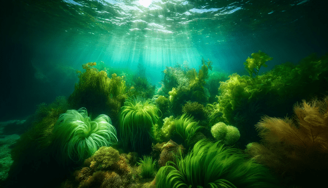 Las algas marianas crecen desde las profundidades del mar. Foto: IA   