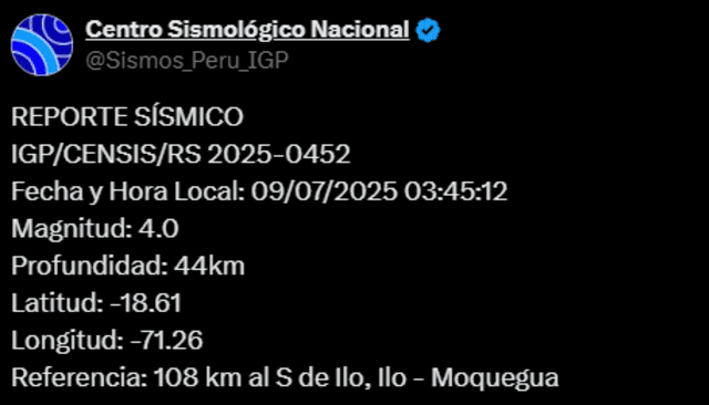 Sismo de magnitud 4.0 sacude Moquegua. Foto: IGP Sismo de magnitud 4.0 sacude Moquegua. Foto: IGP