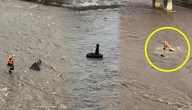 Instante donde el rescatista y el perrito son arrastrados por la corriente del río Rímac. Foto: Composición LR Instante donde el rescatista y el perrito son arrastrados por la corriente del río Rímac. Foto: Composición LR