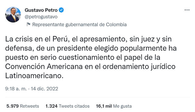 Tweet de Petro criticando la situación actual de Castillo