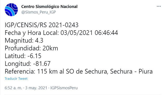 Datos del temblor en Piura. Foto: captura Twitter