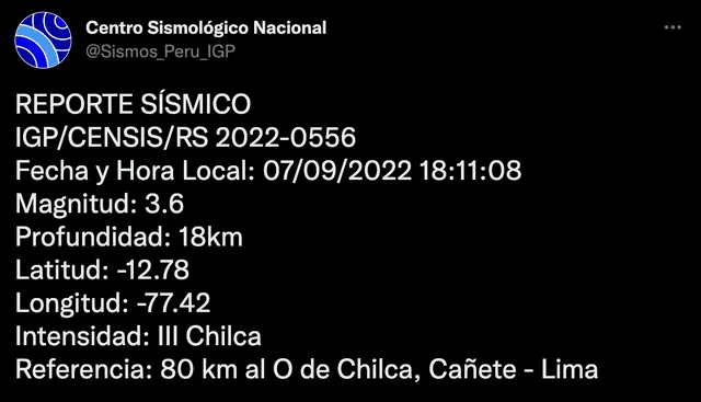 Último sismo en Perú, según IGP. Foto: captura de Twitter