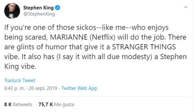 Stephen King admite estar aterrado tras ver Marianne. Foto: Twitter