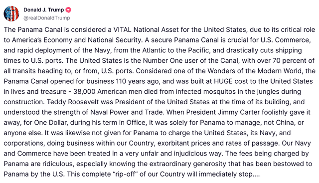 Comunicado de Trump criticando la administración de Panamá sobre el Canal. Foto: Truth Social.    