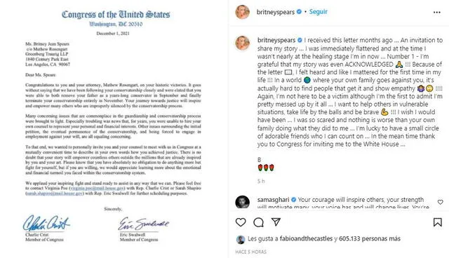 Publicación de Britney Spears sobre su invitación al Congreso estadounidense. Foto: Instagram Britney Spears